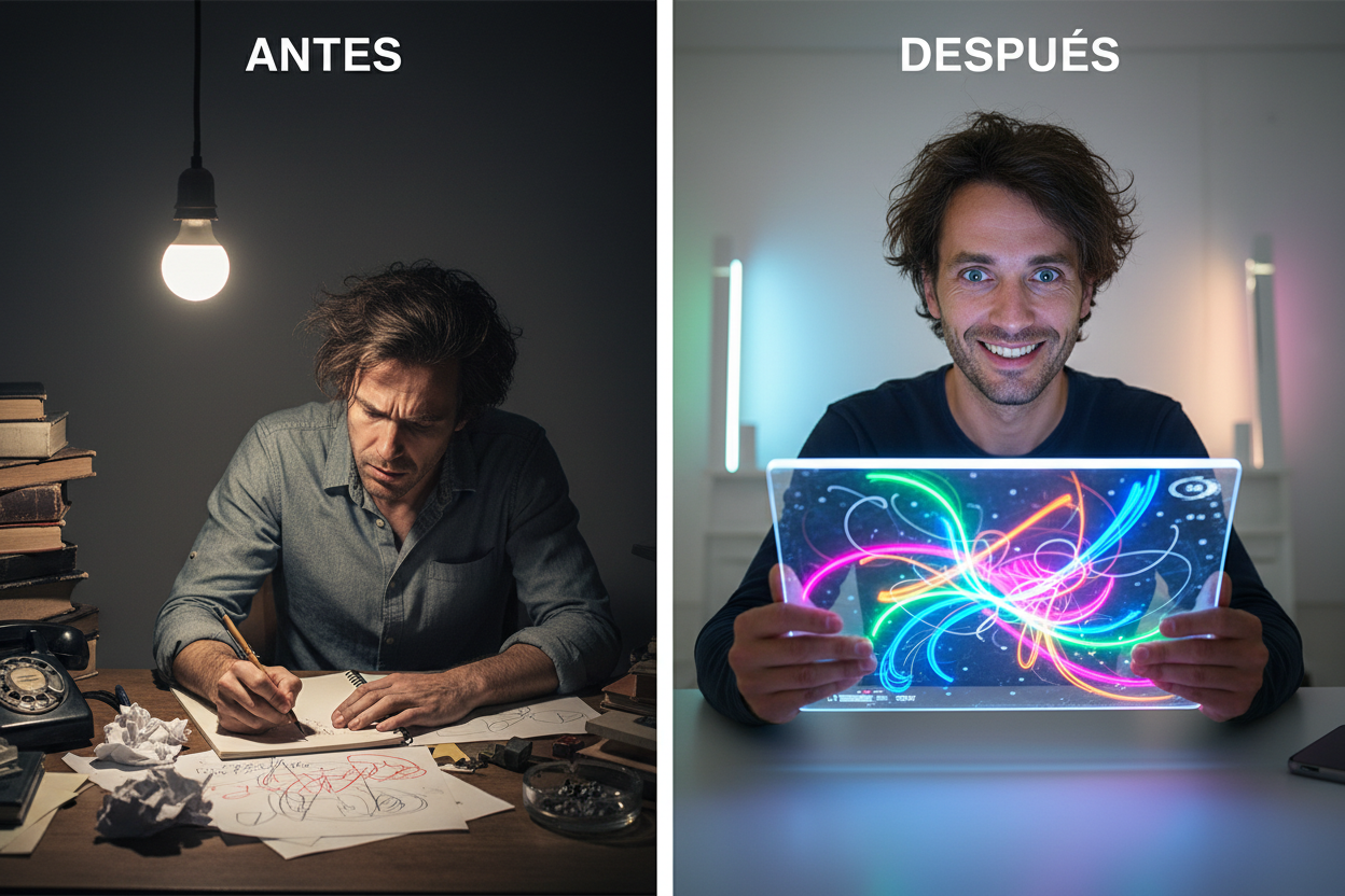 Imagen mostrando un antes y un después donde él antes es usando un cuaderno y un después utilizando una tablet led transparente 